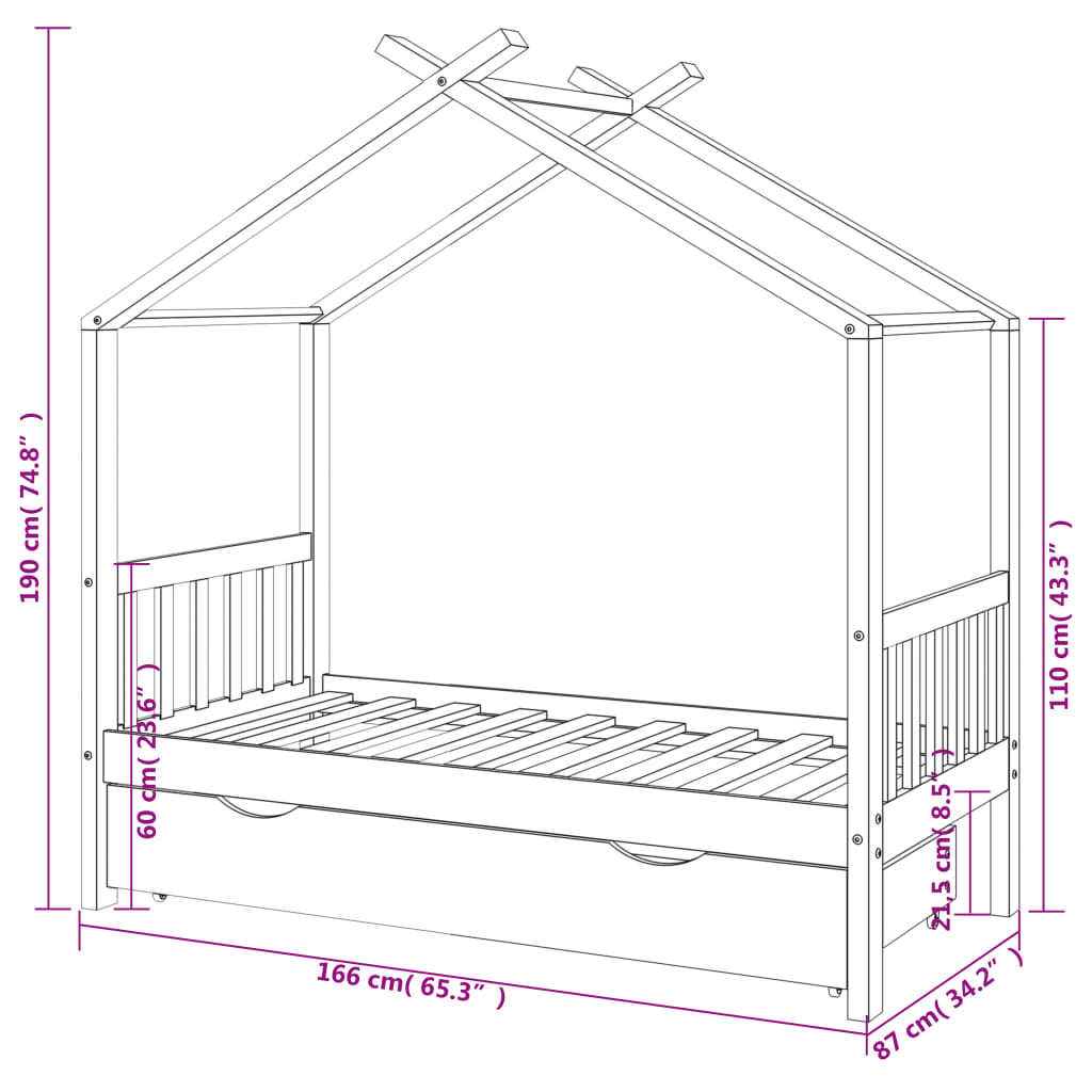 Children's bed with drawer dark grey solid pine 80x160 cm