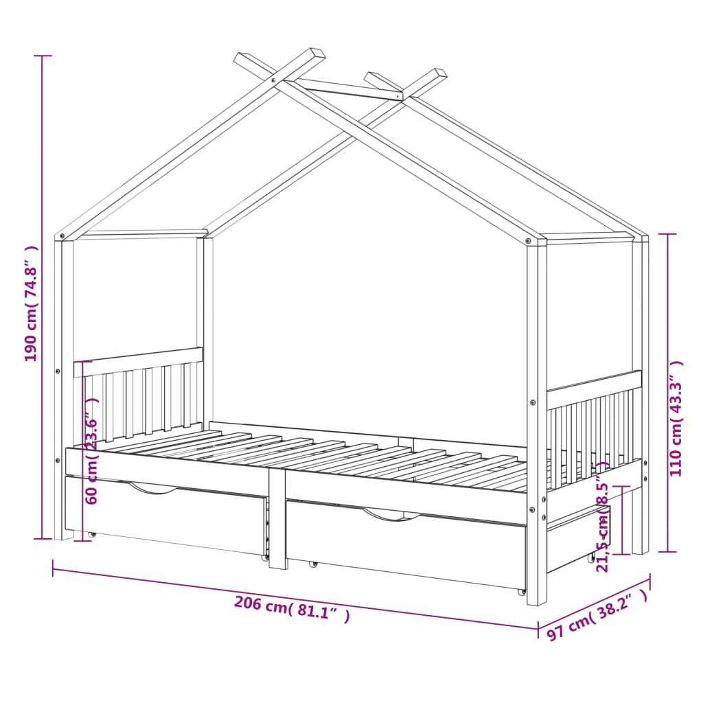 Children's bed with drawers dark grey solid pine 90x200cm