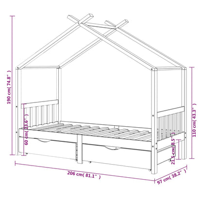 Children's bed with drawers dark grey solid pine 90x200cm