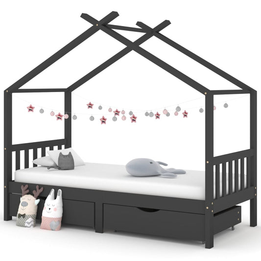 Children's bed with drawers dark grey solid pine 90x200cm