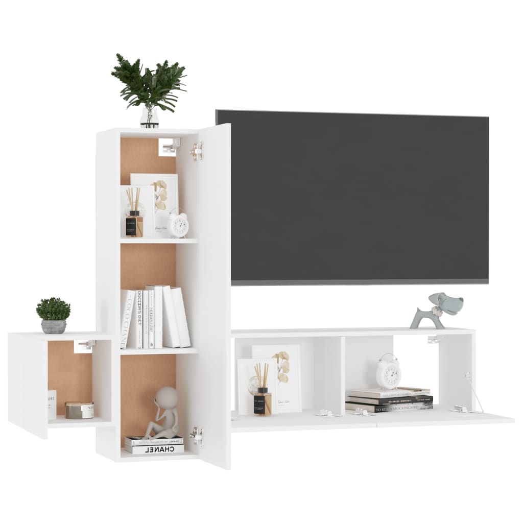 3-piece TV cabinet set white wood material