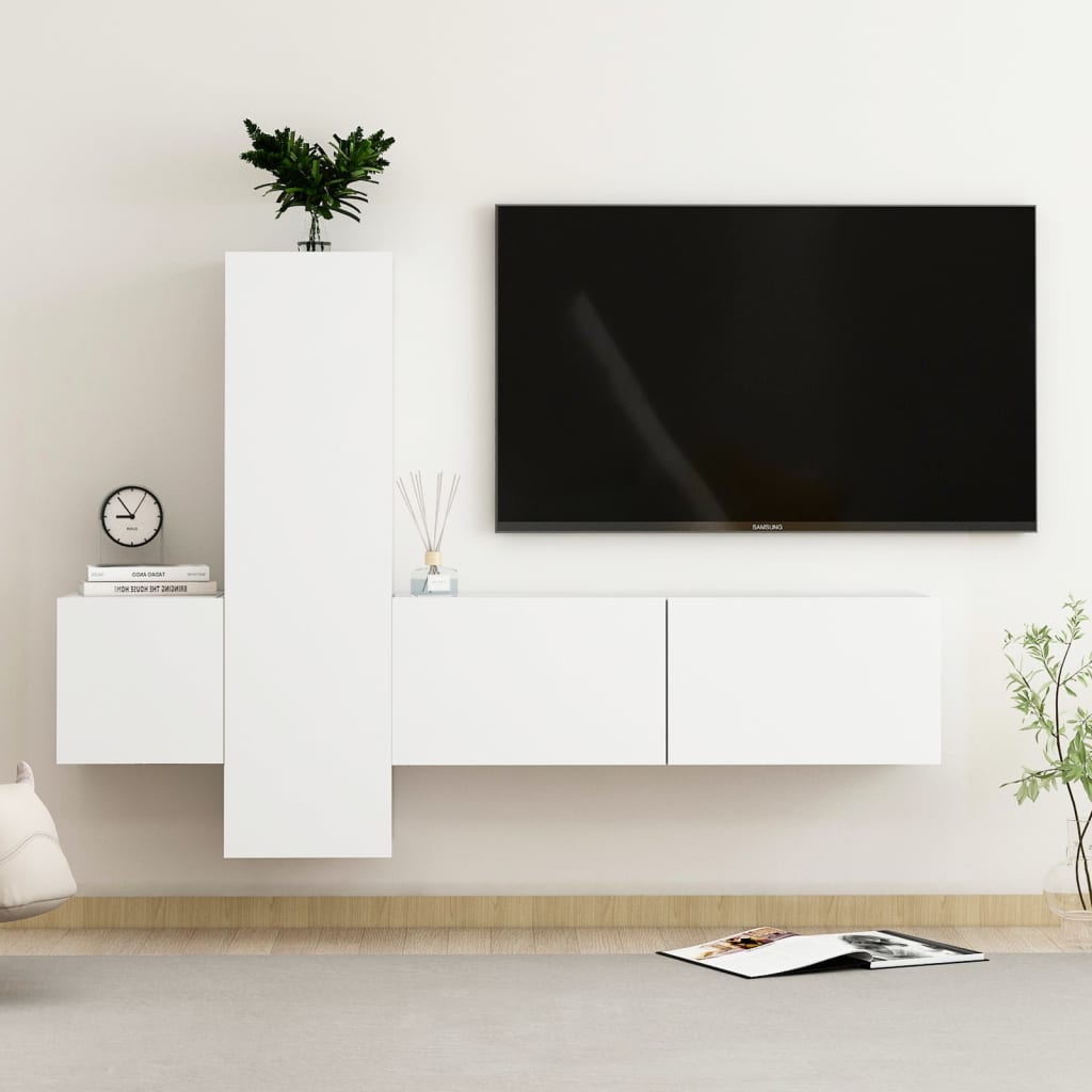 3-piece TV cabinet set white wood material