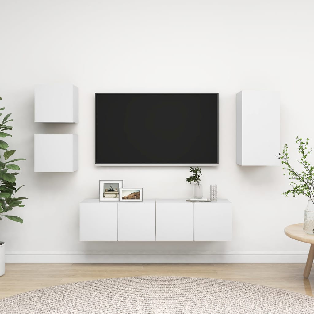 5-piece TV cabinet set white wood material