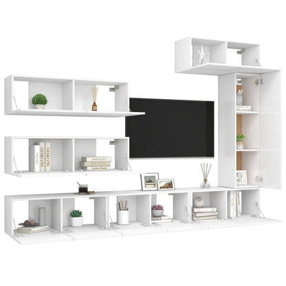 7-piece TV cabinet set white wood material