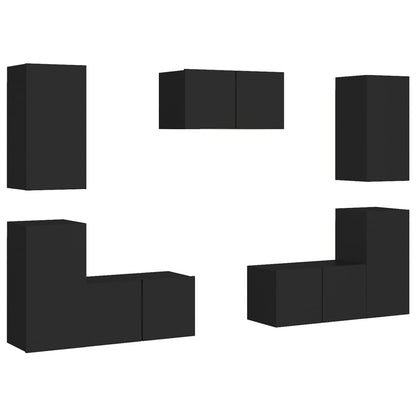 7-piece TV cabinet set black wood material