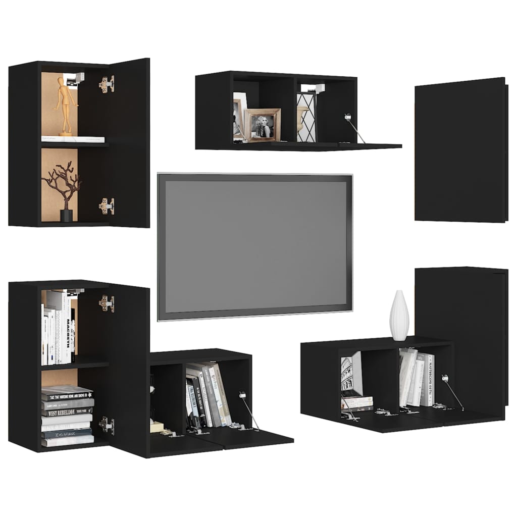 7-piece TV cabinet set black wood material