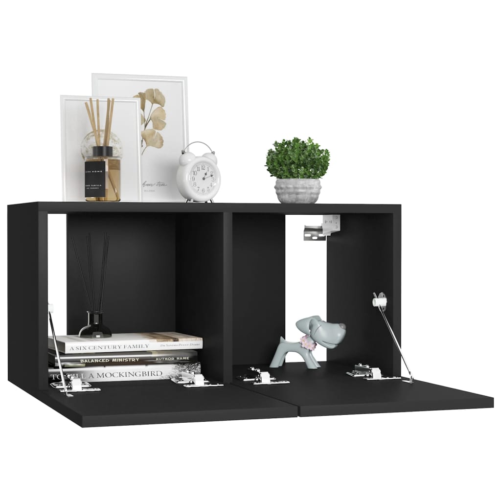 7-piece TV cabinet set black wood material