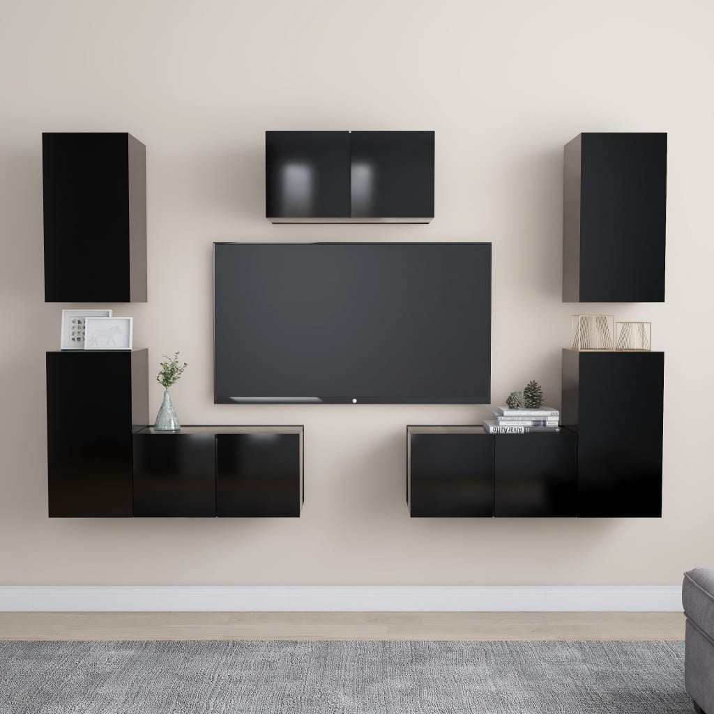 7-piece TV cabinet set black wood material