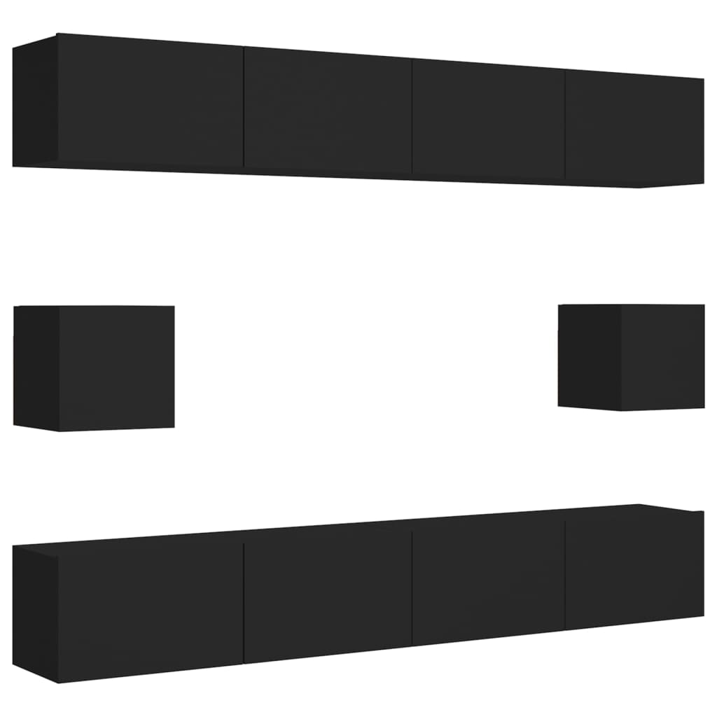 6-piece TV cabinet set black wood material