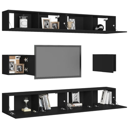 6-piece TV cabinet set black wood material