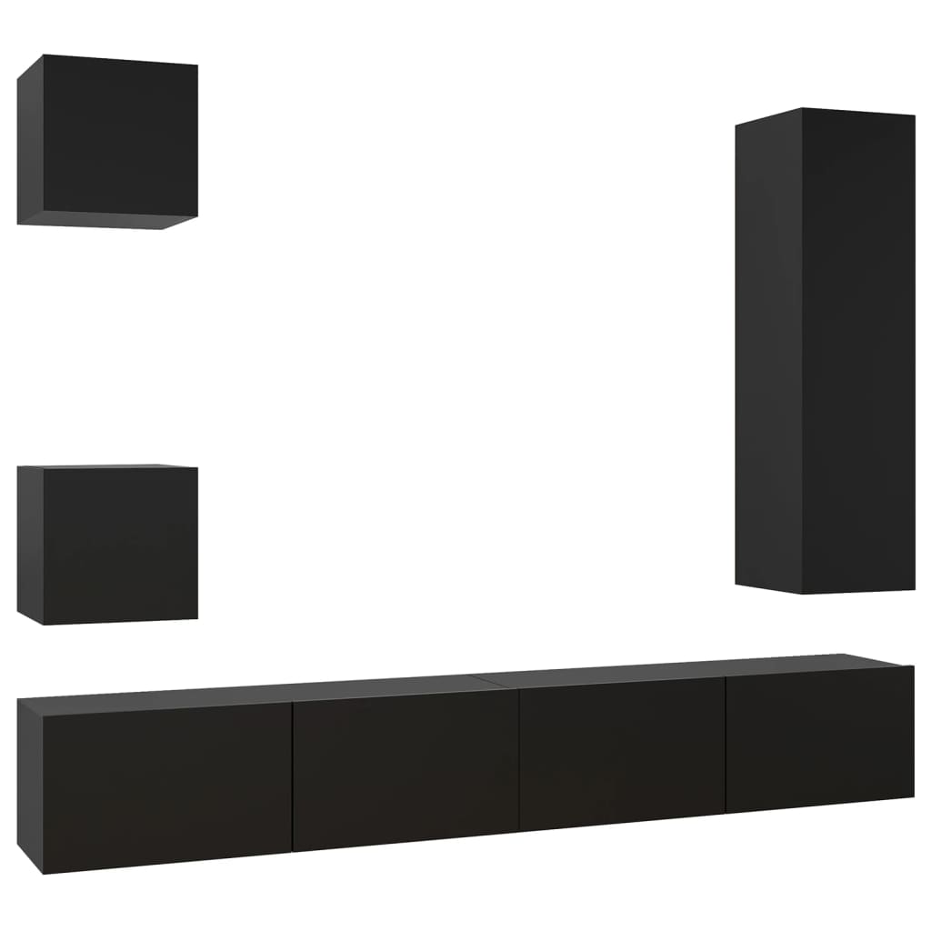 5-piece TV cabinet set black wood material