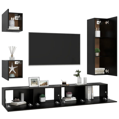 5-piece TV cabinet set black wood material