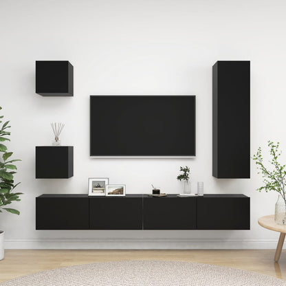 5-piece TV cabinet set black wood material