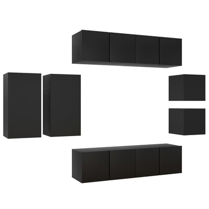 8-piece TV cabinet set black wood material