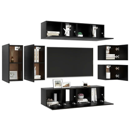 8-piece TV cabinet set black wood material