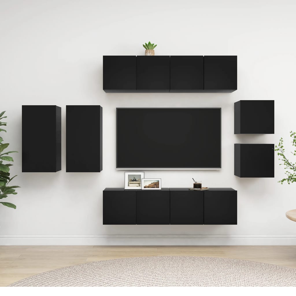 8-piece TV cabinet set black wood material