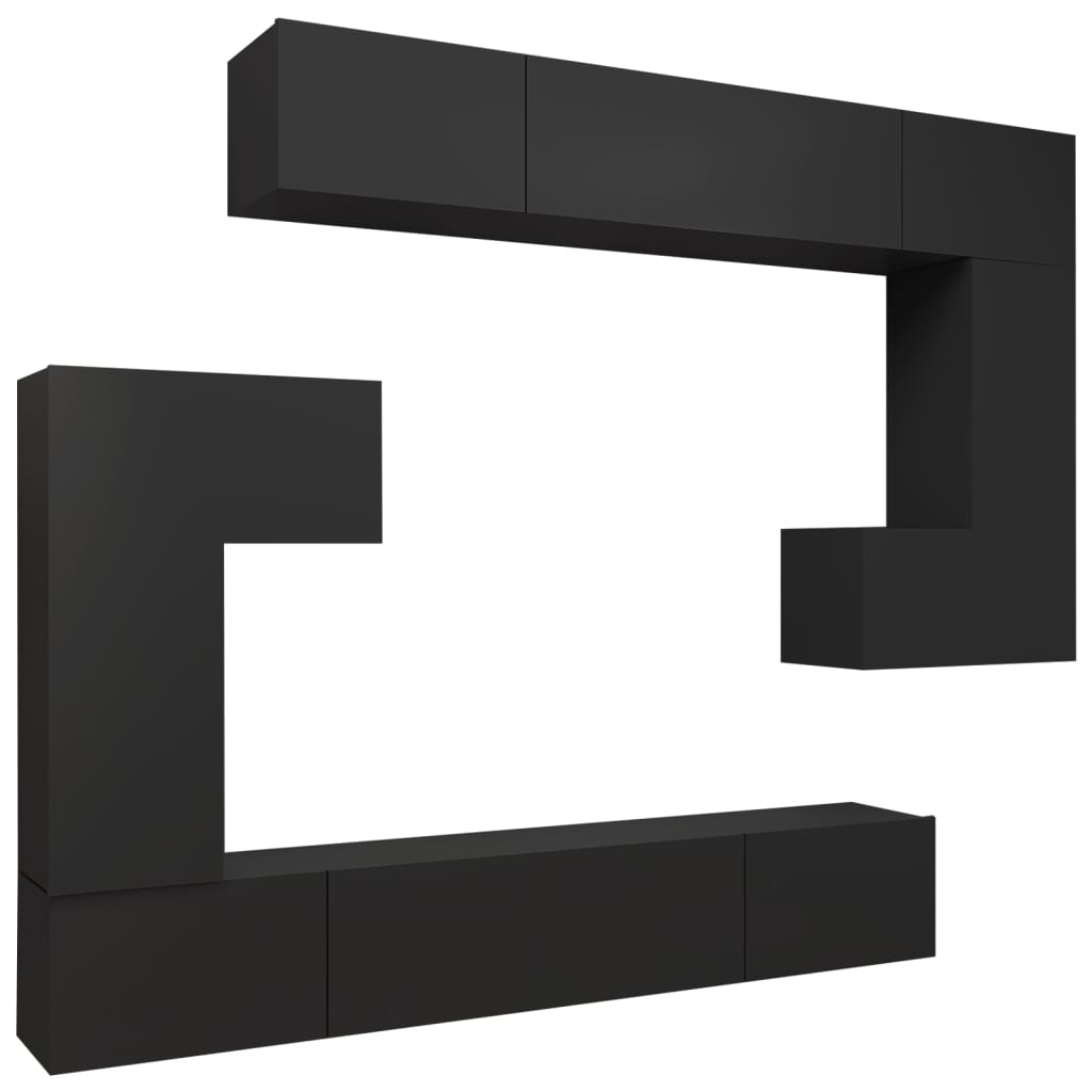 8-piece TV cabinet set black wood material