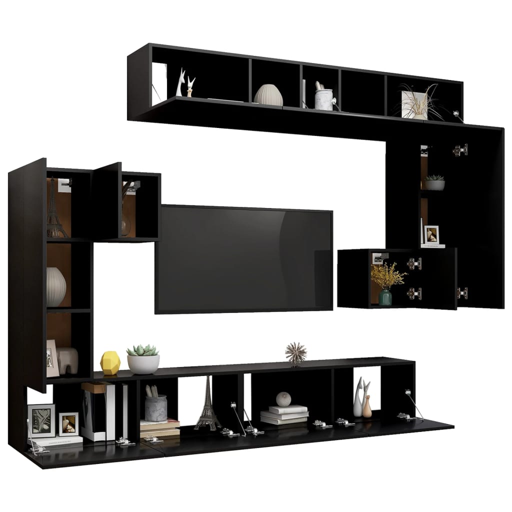 8-piece TV cabinet set black wood material