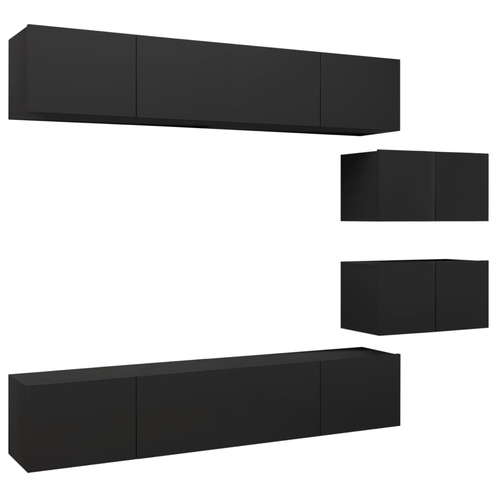 6-piece TV cabinet set black wood material