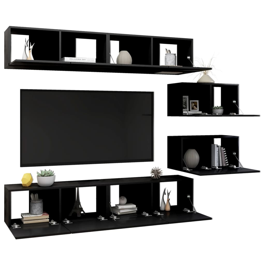 6-piece TV cabinet set black wood material