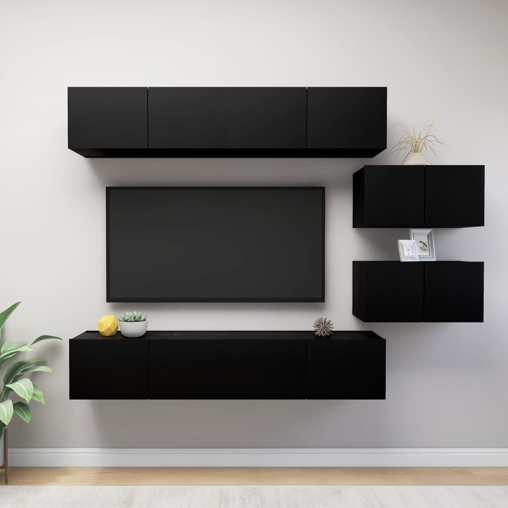 6-piece TV cabinet set black wood material