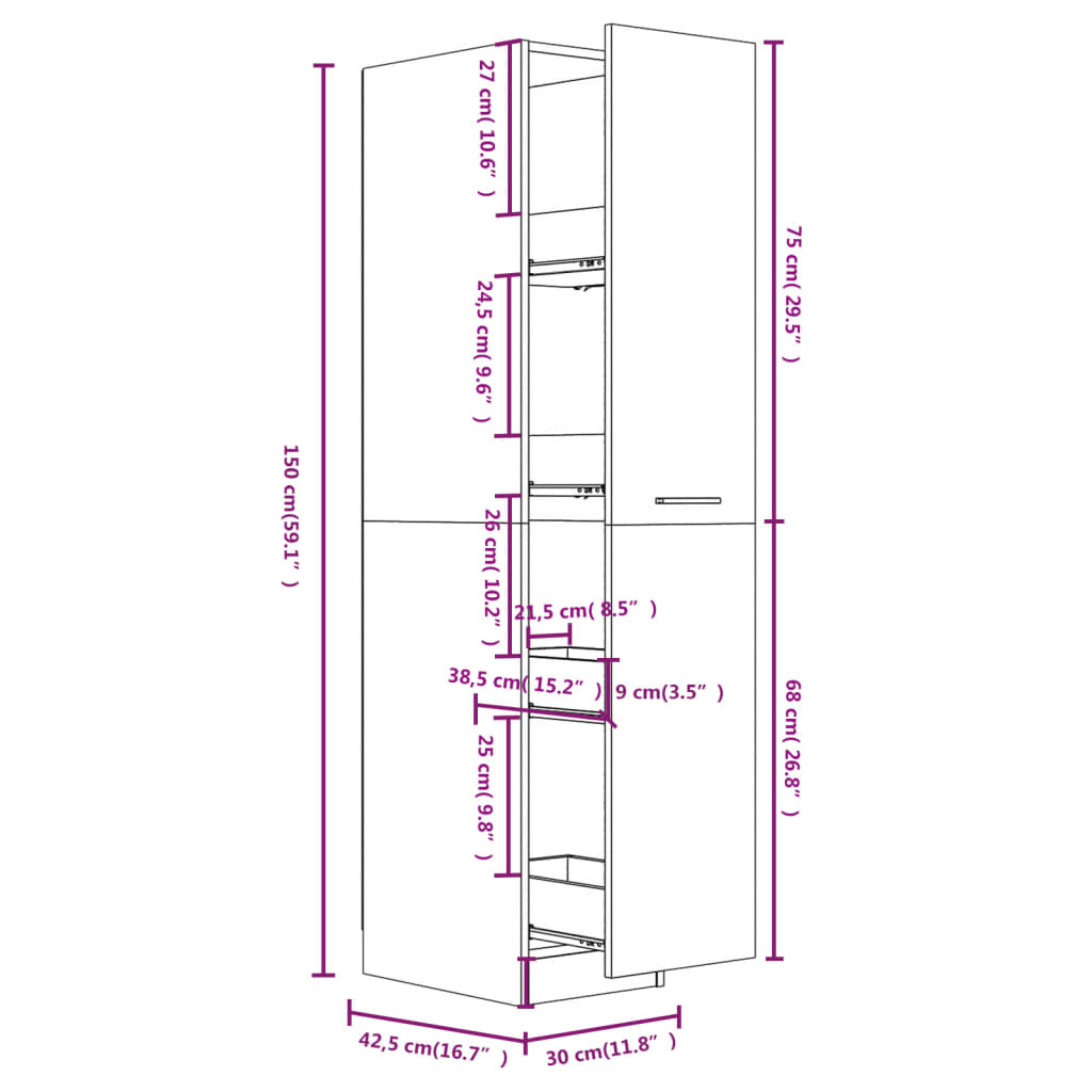 Apothekerschrank Hochglanz-Weiß 30x42,5x150 cm Holzwerkstoff