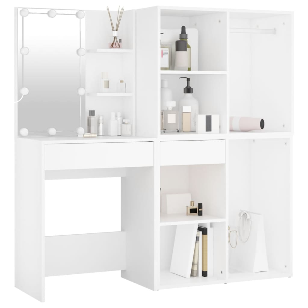 LED dressing table with 2 cabinets white wood material