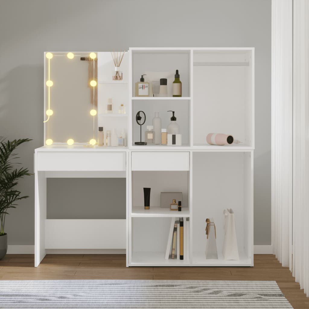 LED dressing table with 2 cabinets white wood material