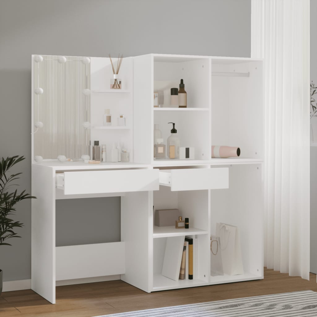 LED dressing table with 2 cabinets white wood material