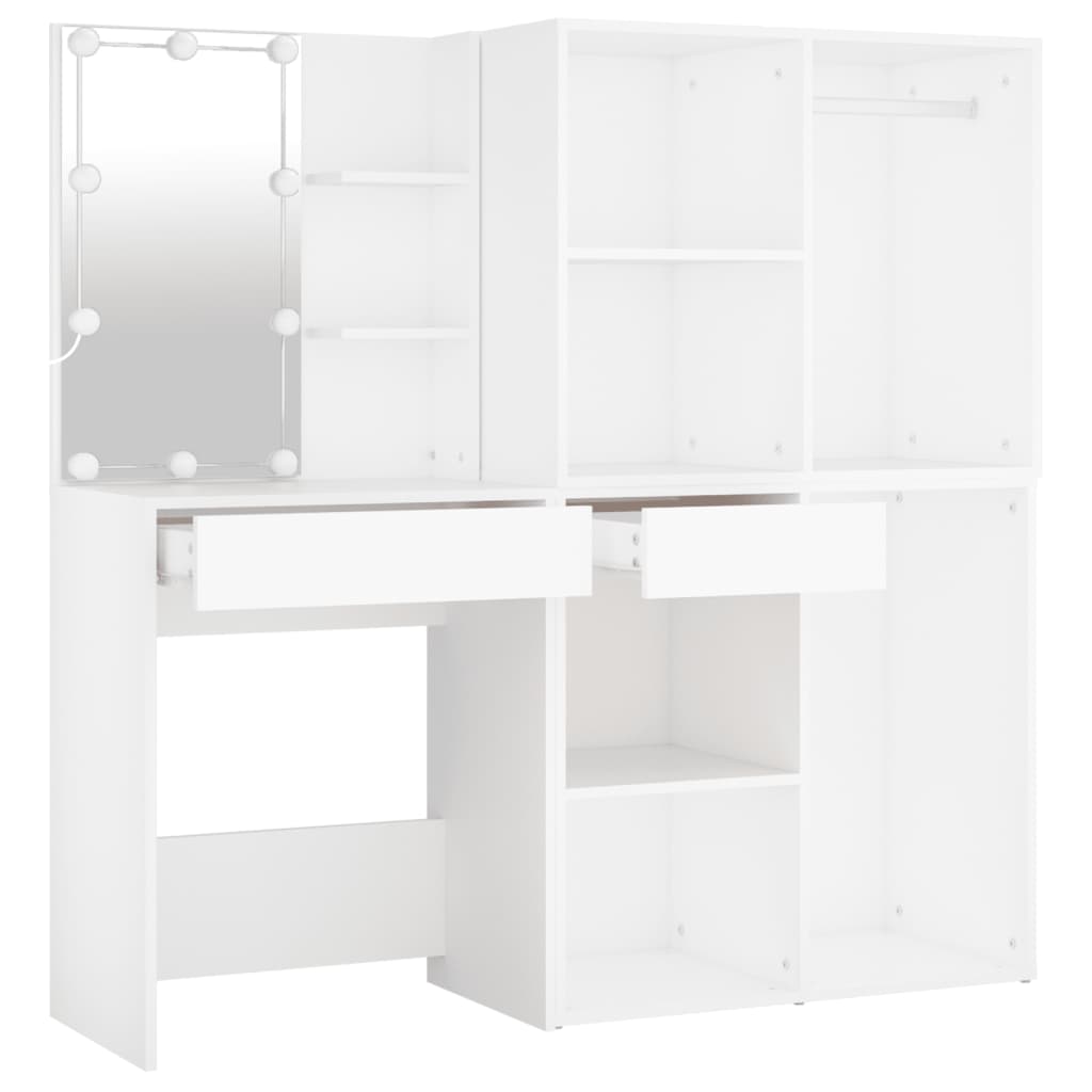 LED dressing table with 2 cabinets white wood material