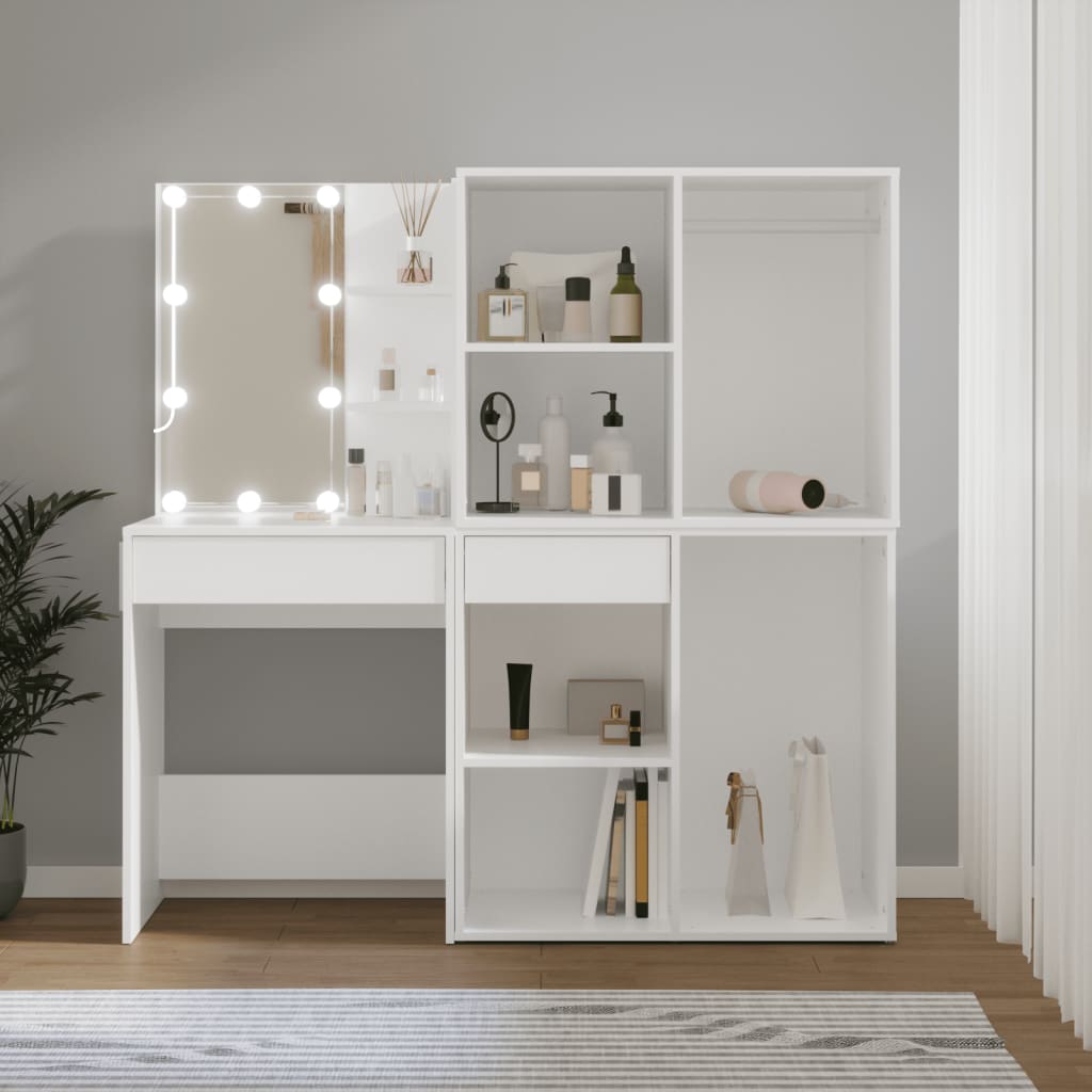 LED dressing table with 2 cabinets white wood material