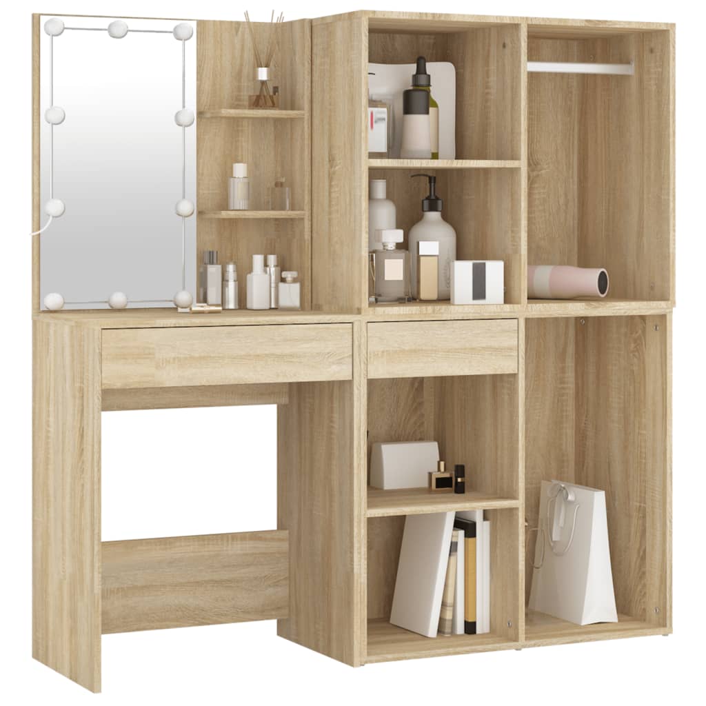 LED dressing table with 2 cabinets Sonoma oak wood material