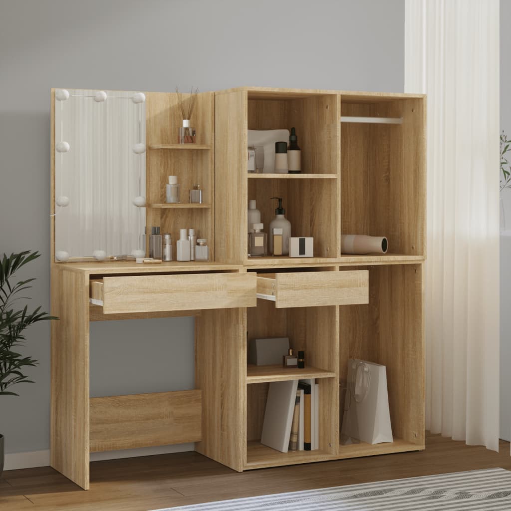 LED dressing table with 2 cabinets Sonoma oak wood material