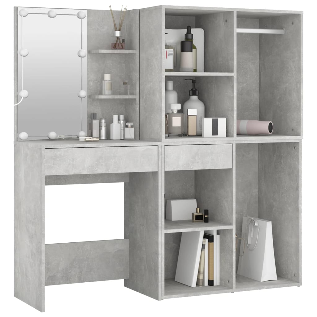 LED dressing table with 2 cabinets concrete grey wood material