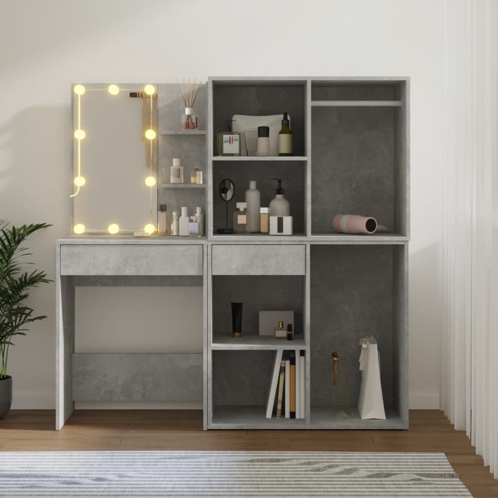 LED dressing table with 2 cabinets concrete grey wood material