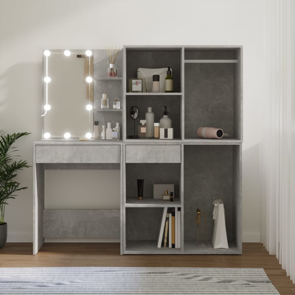 LED dressing table with 2 cabinets concrete grey wood material