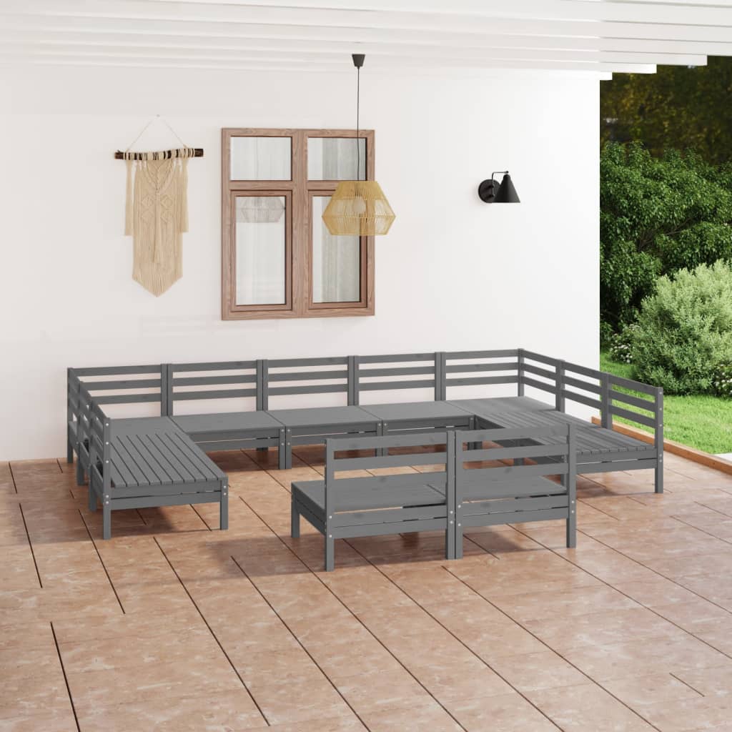 11-tlg. Garten-Lounge-Set Grau Massivholz Kiefer