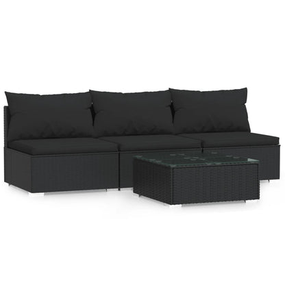 4-tlg. Garten-Lounge-Set mit Kissen Schwarz Poly Rattan