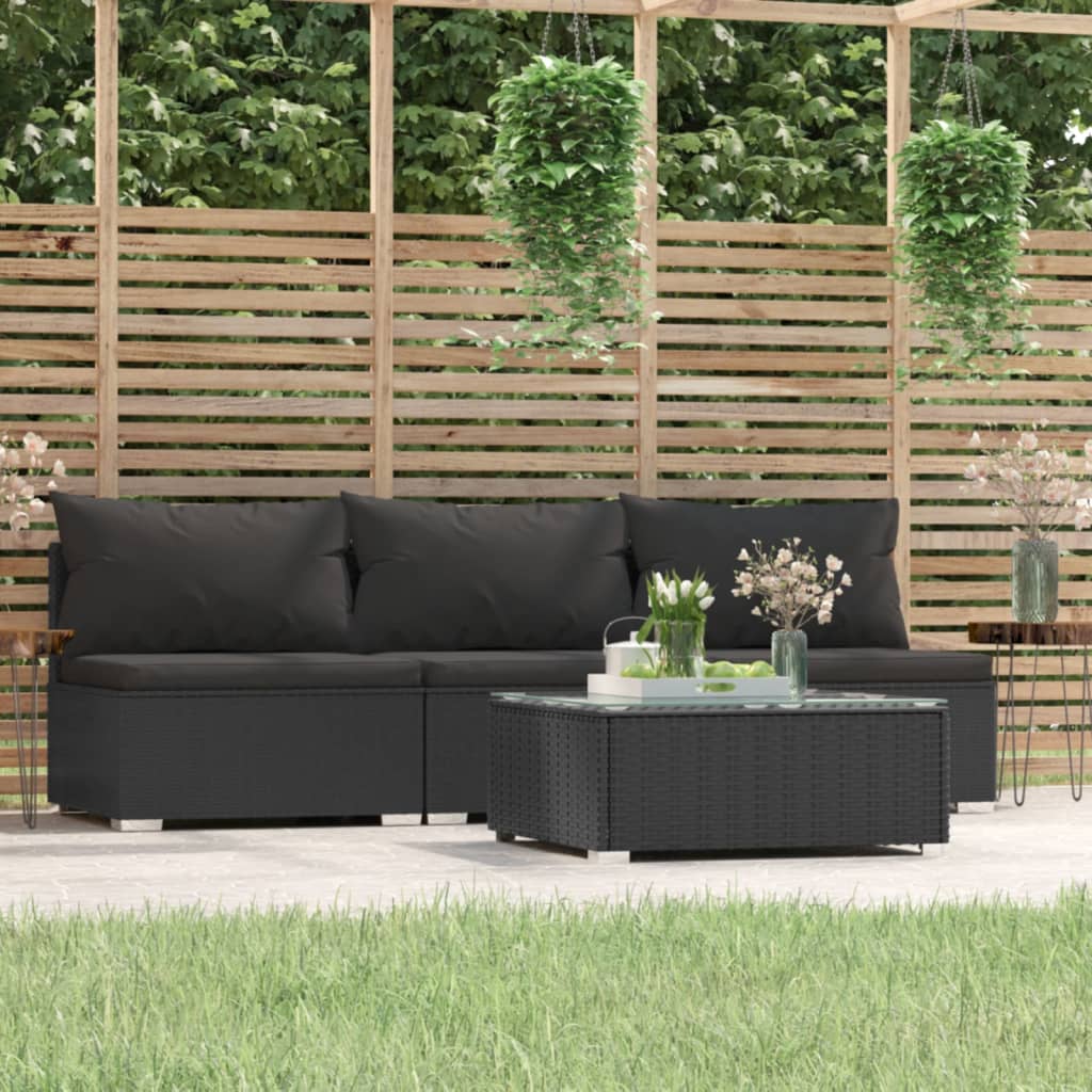 4-tlg. Garten-Lounge-Set mit Kissen Schwarz Poly Rattan