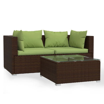 3-tlg. Garten-Lounge-Set mit Kissen Braun Poly Rattan