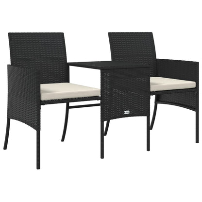 Gartensofa 2-Sitzer mit Tisch und Hockern Schwarz Poly Rattan