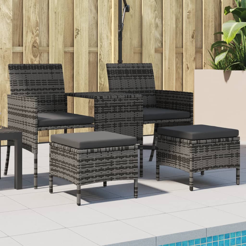 Gartensofa 2-Sitzer mit Tisch und Hockern Grau Poly Rattan