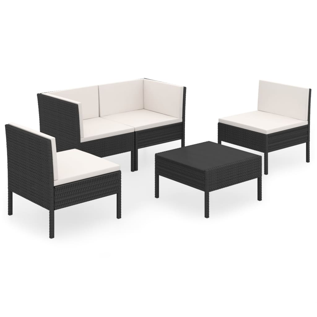 5-tlg. Garten-Lounge-Set mit Auflagen Poly Rattan Schwarz