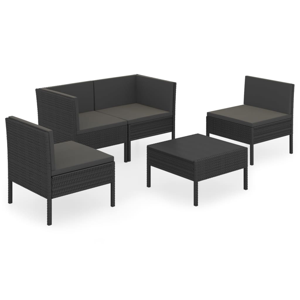 5-tlg. Garten-Lounge-Set mit Auflagen Poly Rattan Schwarz