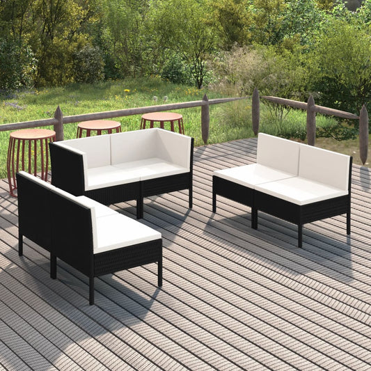 6-tlg. Garten-Lounge-Set mit Auflagen Poly Rattan Schwarz