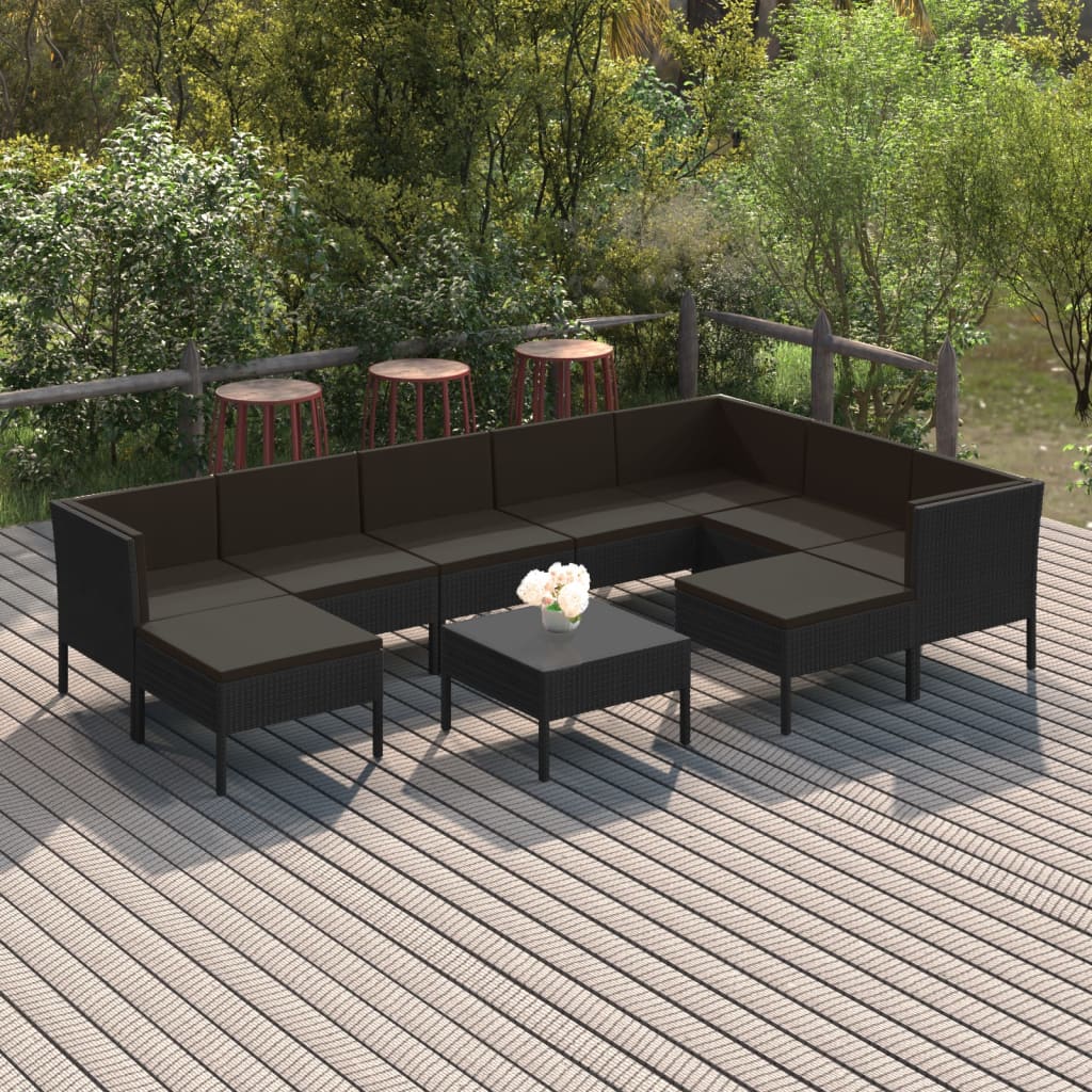 10-tlg. Garten-Lounge-Set mit Auflagen Poly Rattan Schwarz