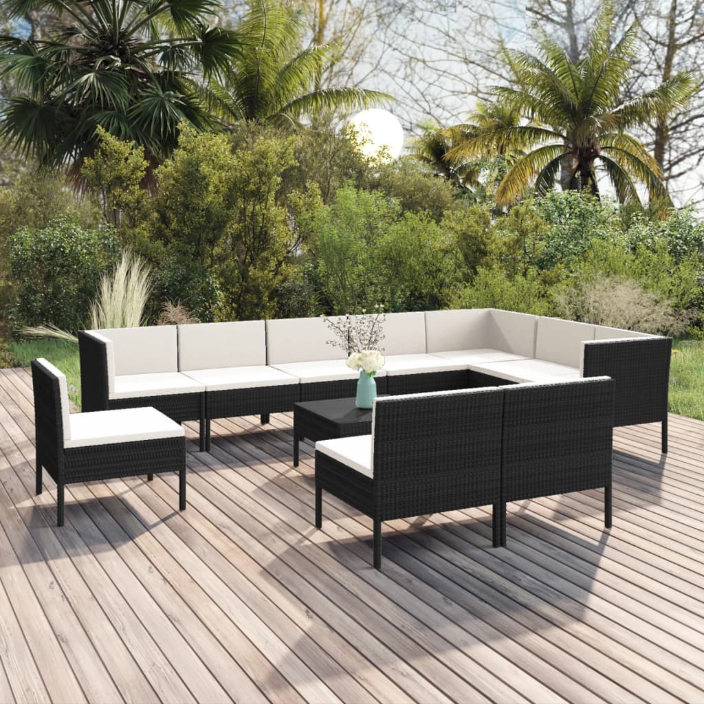 11-tlg. Garten-Lounge-Set mit Auflagen Poly Rattan Schwarz