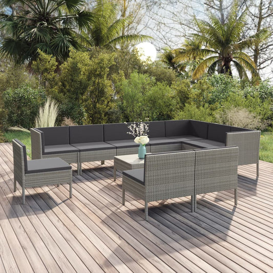 11-tlg. Garten-Lounge-Set mit Auflagen Poly Rattan Grau