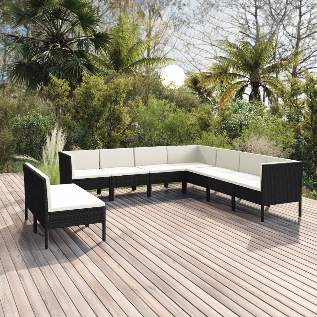 9-tlg. Garten-Lounge-Set mit Auflagen Poly Rattan Schwarz