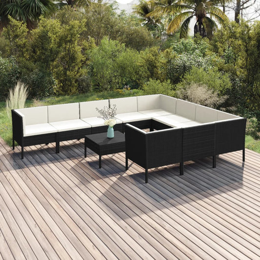 11-tlg. Garten-Lounge-Set mit Auflagen Poly Rattan Schwarz